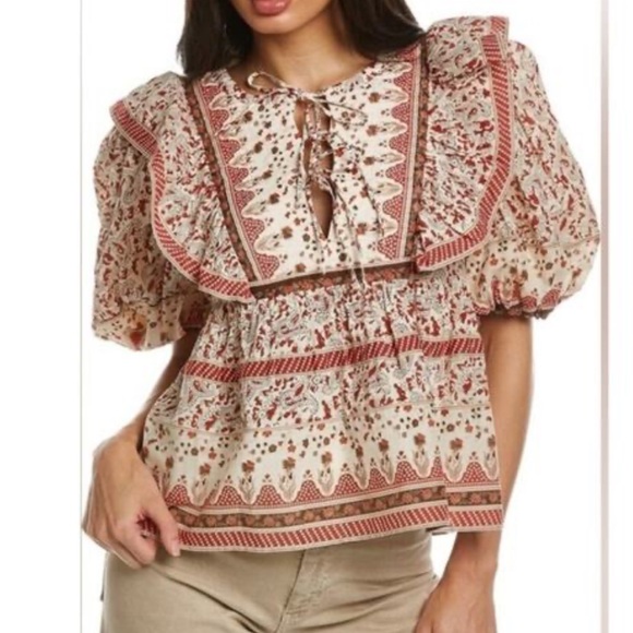 New women’s Calypso St Barth cotton quilt milkmaid boho flowy ruffle top. Large - Picture 7 of 16